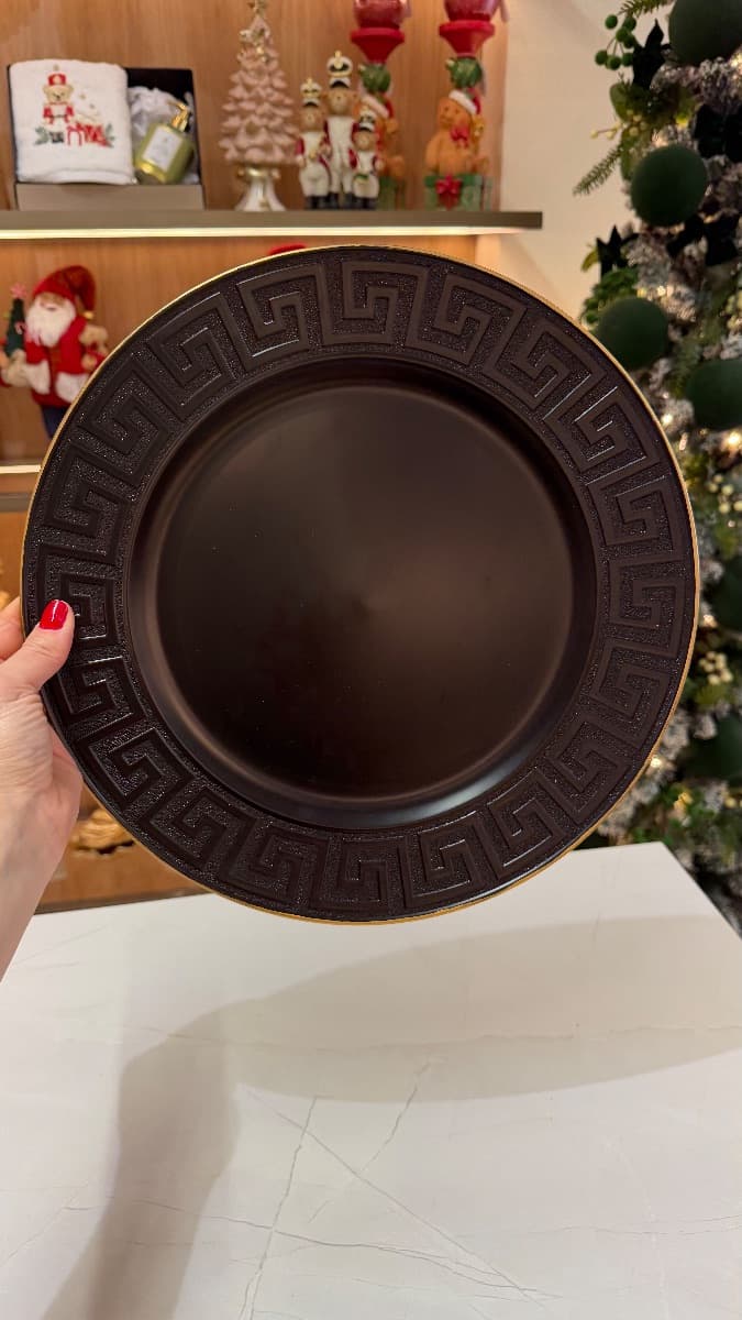 Sousplat Preto com Borda Metalizada Dourada - 33 cm