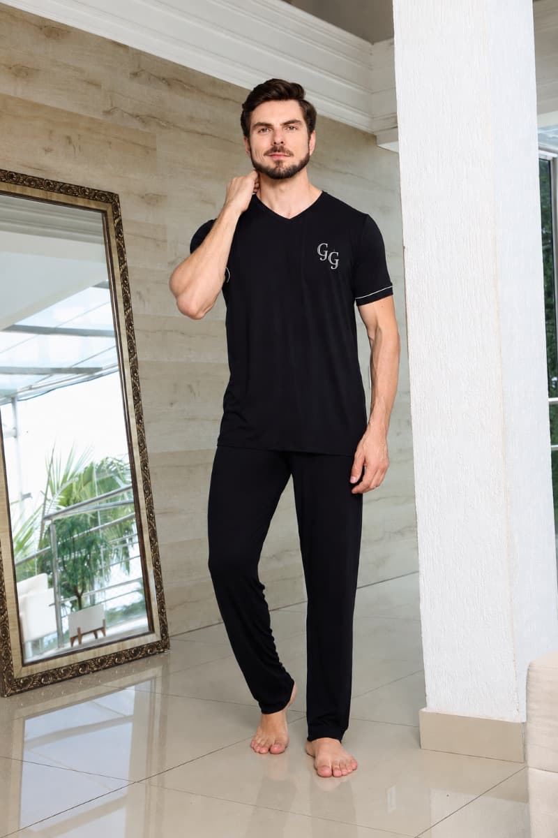 Pijama masculino longo gola V - PRETO C/BEGE