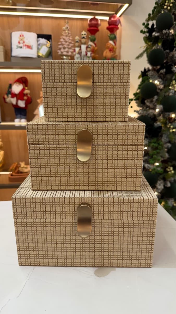 Kit de Caixas Retangulares em MDF com Palha Entrelaçada – 3 Peças