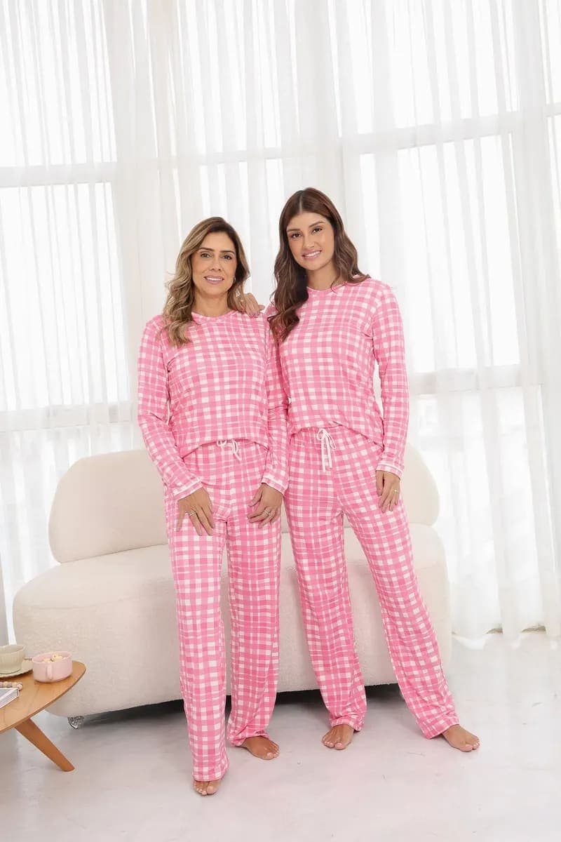 Pijama Longo Gola V - Xadrez Rosa