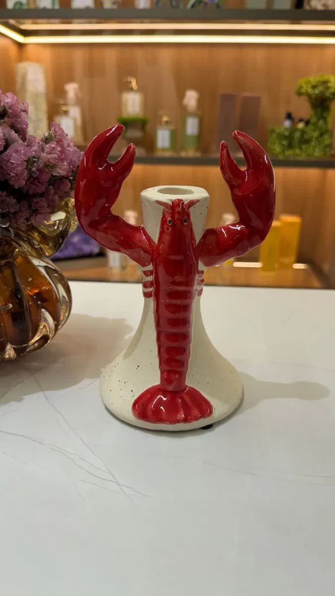 Castiçal Cerâmica Lagosta Vermelho e Branco