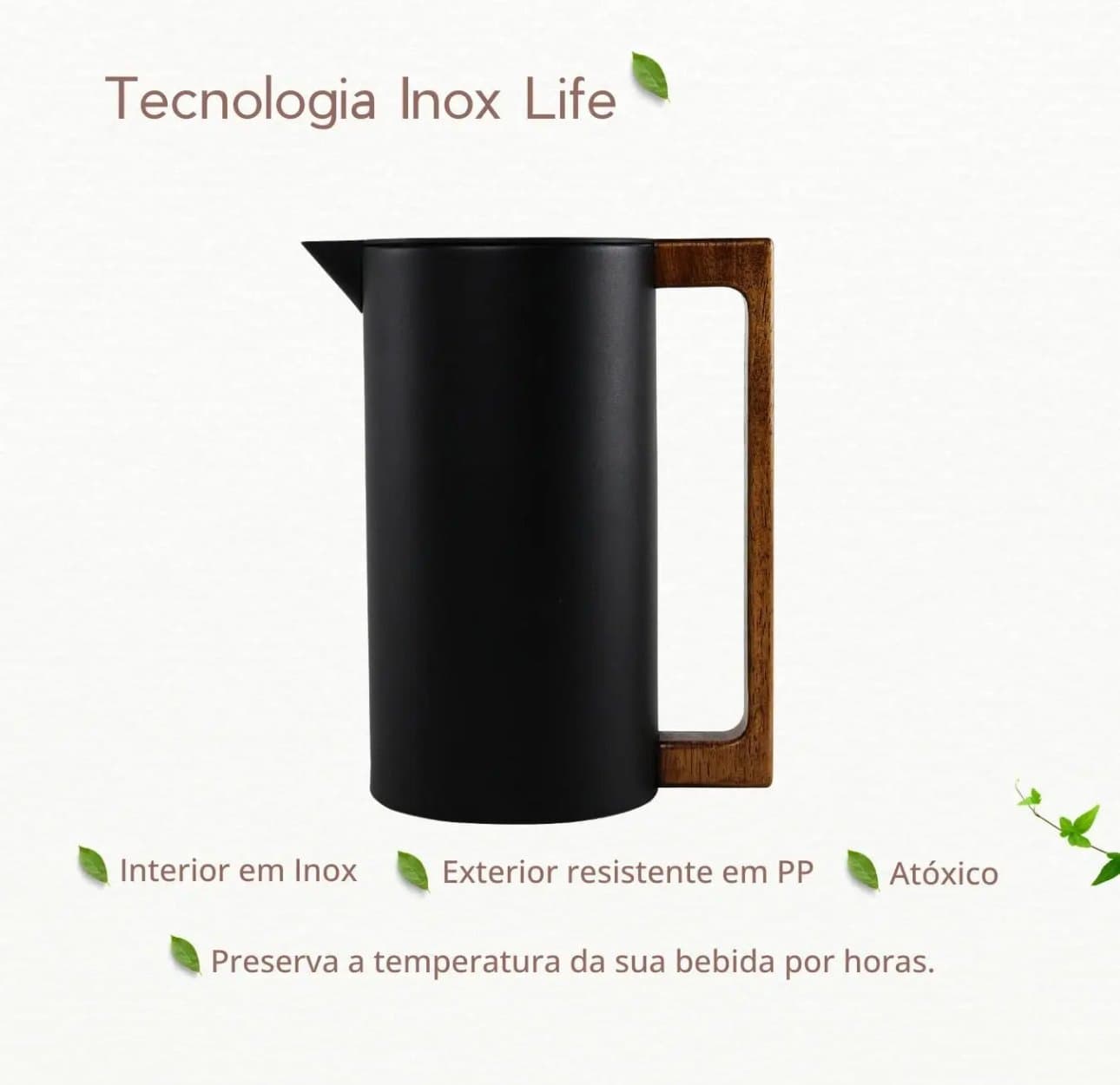 Garrafa Térmica 1 Litro Inox Cabo Madeira - Preto — imagem 1